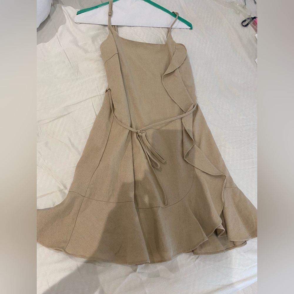 Beige linens spaghetti strap dress with ruffle